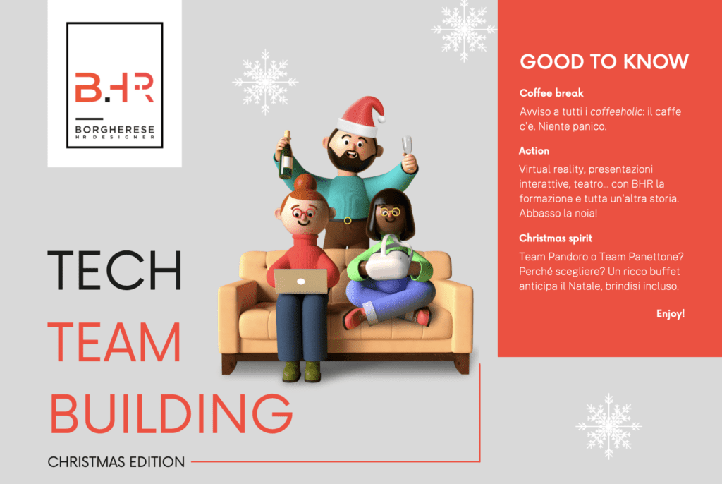 Copertina Tech Team Building Christmas Edition con alcuni dati: è prevista la pausa caffè, l'interattività e un buffet natalizio.